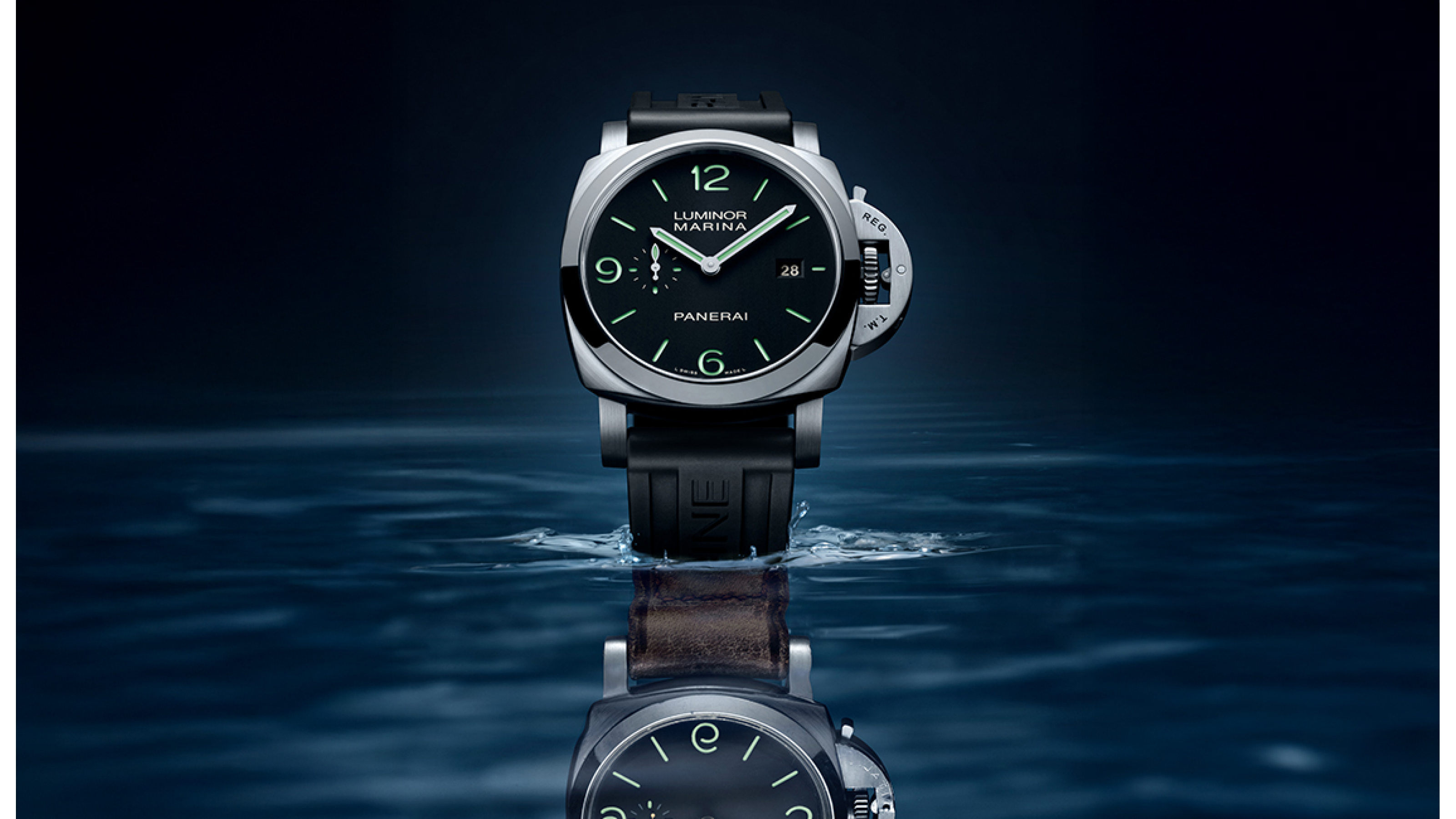 A Panerai Luminor watch showing its iconic cushion case and patented crown-protection bridge.